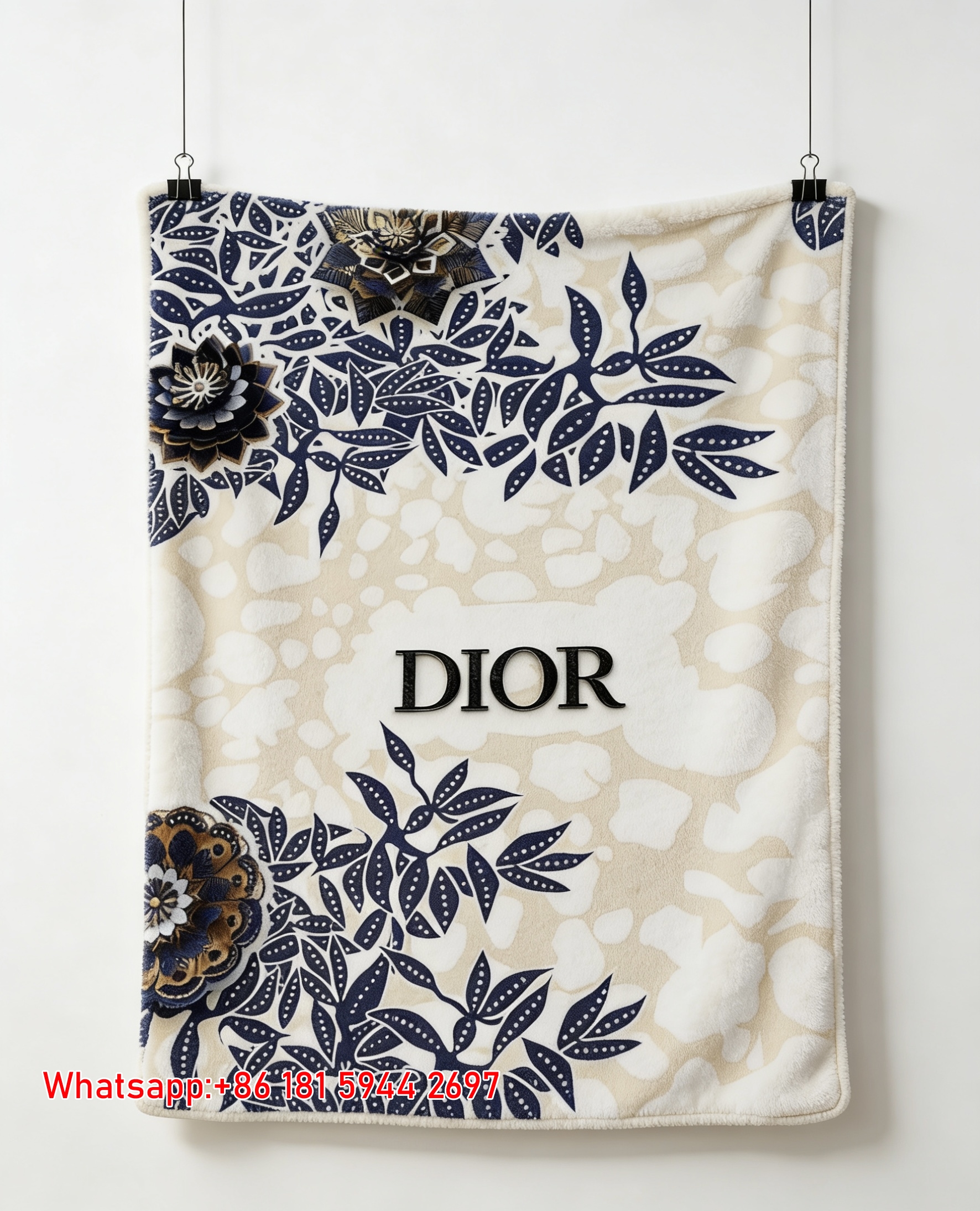 Dior Navy Floral 3D Flower Flannel Throw Blanket D191